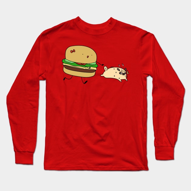 Hamburger Chasing Pug Long Sleeve T-Shirt by saradaboru